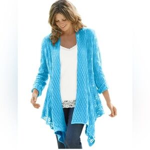 Woman Within Blue Open front pointelle Weave Cardigan Plus Size 2X